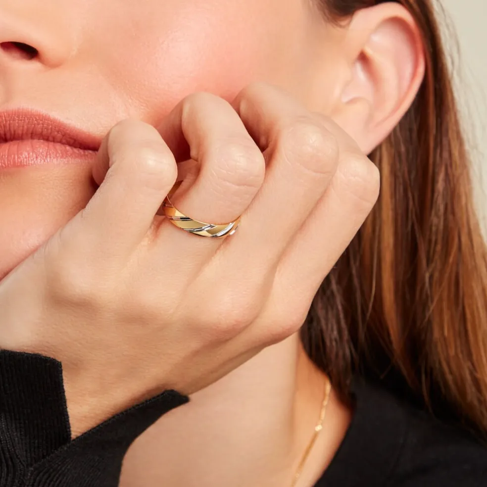 Alliance Strie Fantaisie Demi Jonc Classique Or Bicolore