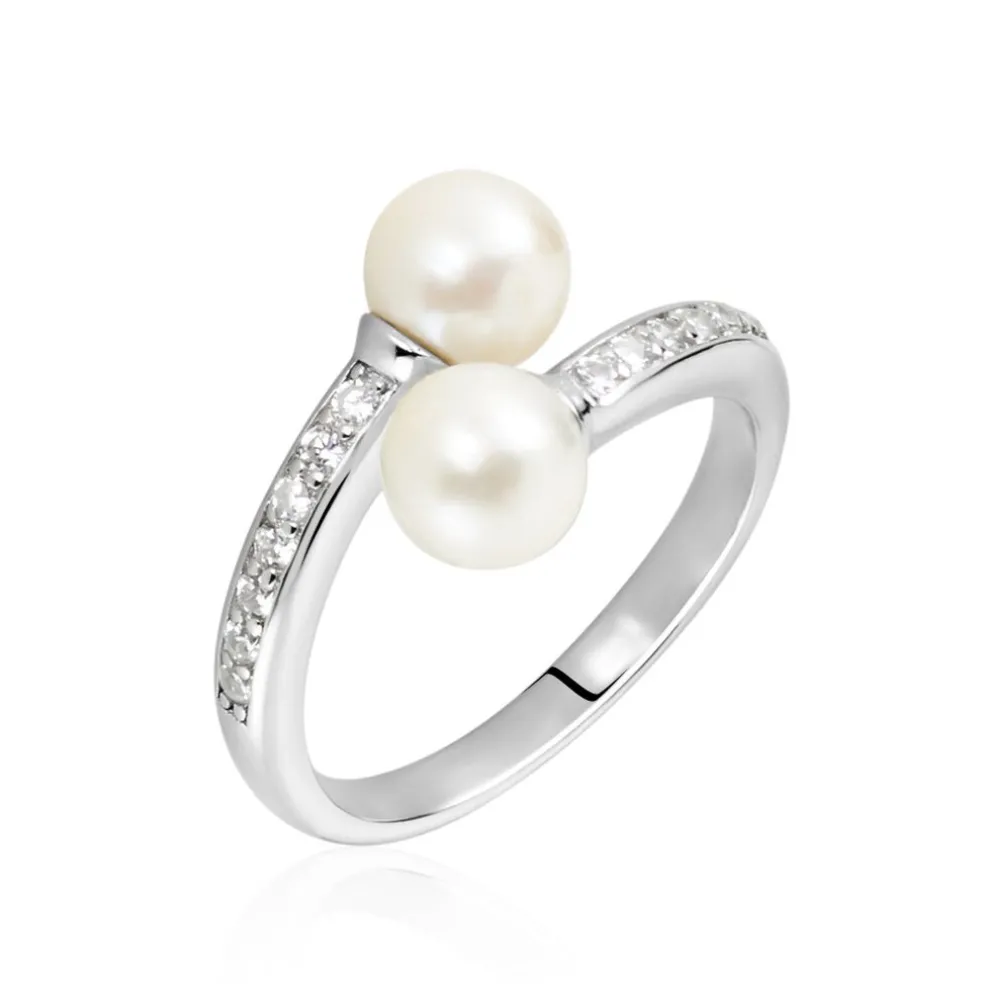 Bague Ajustable Argent Blanc Jeronimo Perle Oxydes De Zirconium