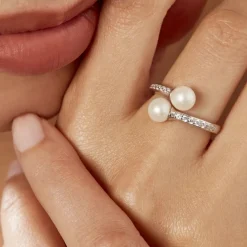 Bague Ajustable Argent Blanc Jeronimo Perle Oxydes De Zirconium