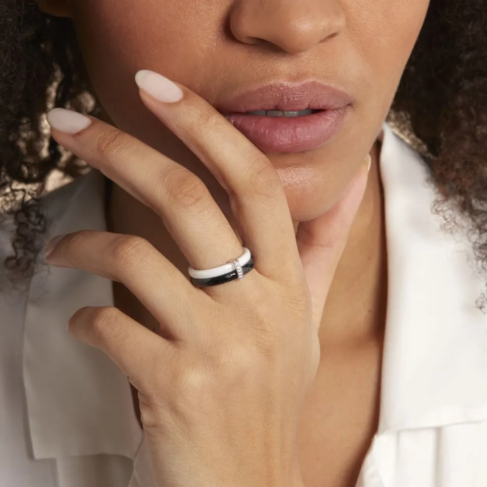 Bague Barette Bicolore Ceramique Argent Blanc Oxyde De Zirconium