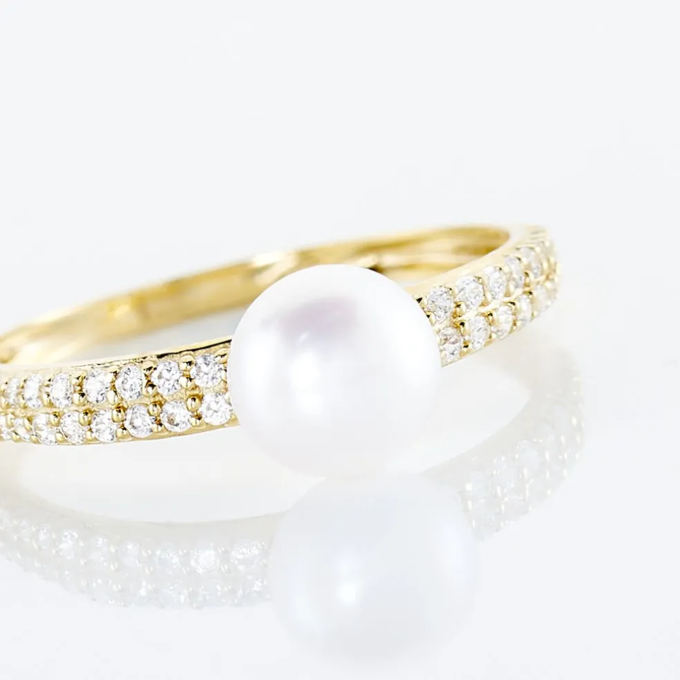 Bague Maria-francoise Or Jaune Perle De Culture Et Oxyde De Zirconium