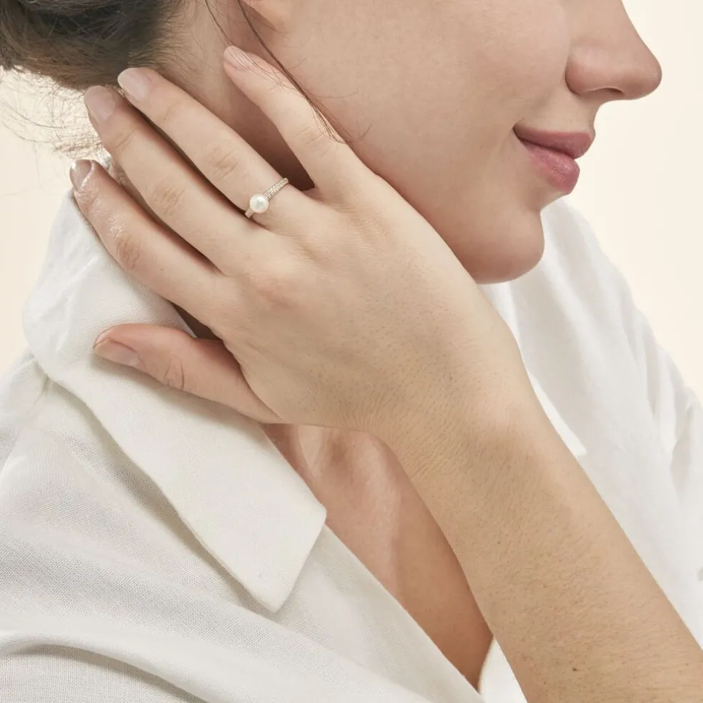 Bague Maria-francoise Or Jaune Perle De Culture Et Oxyde De Zirconium