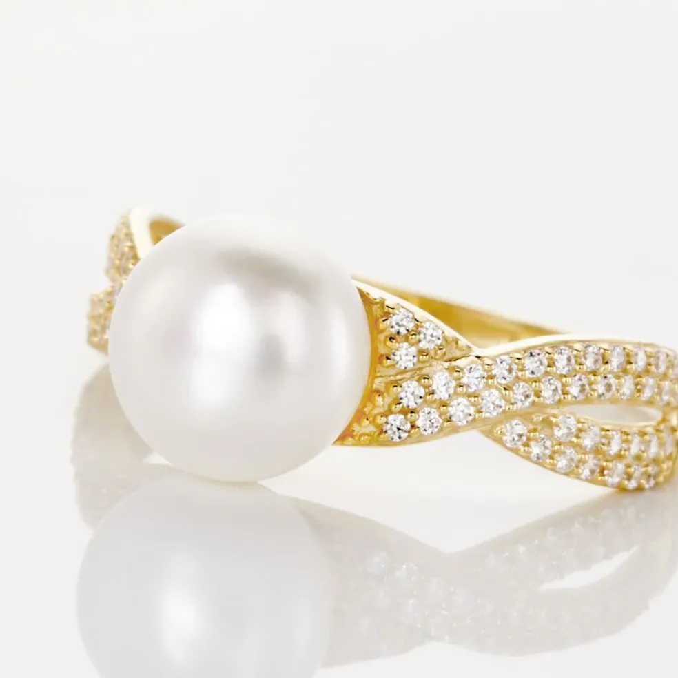 Bague Maria-theresa Or Jaune Perle De Culture Et Oxyde De Zirconium