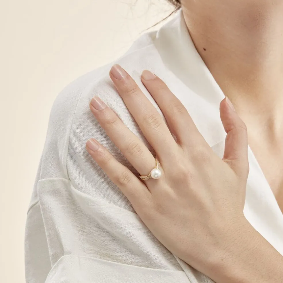 Bague Maria-theresa Or Jaune Perle De Culture Et Oxyde De Zirconium