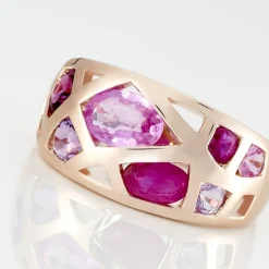 Bague Mosaique Or Rose Amethyste Et Rhodolite Et Saphir