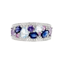 Bague Multicolore Or Blanc Topaze Et Amethyste Et Saphir