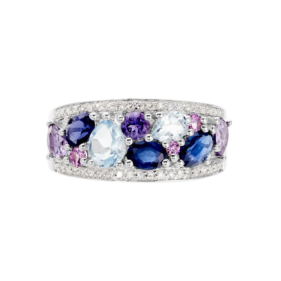 Bague Multicolore Or Blanc Topaze Et Amethyste Et Saphir