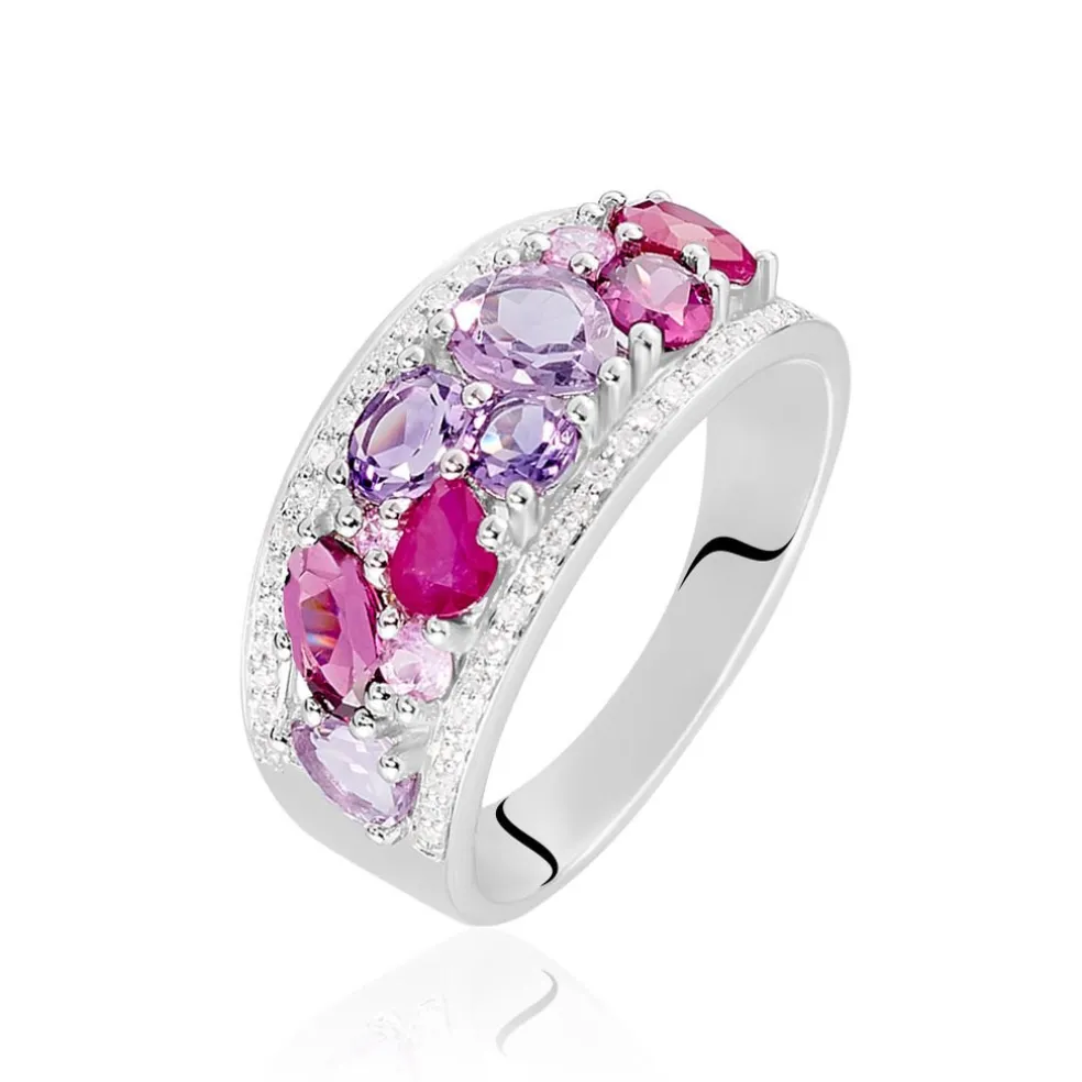 Bague Multicolore Or Blanc Amethyste Et Saphir Et Rhodolite