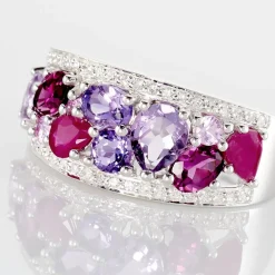 Bague Multicolore Or Blanc Amethyste Et Saphir Et Rhodolite