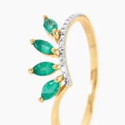 Bague Navette Or Jaune Emeraude Diamant