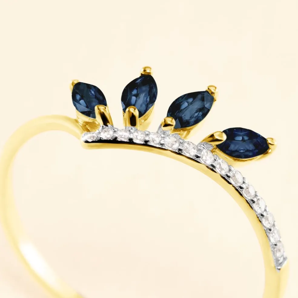 Bague Navette Or Jaune Saphir Diamant