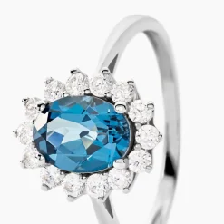 Bague Or Blanc Quintilla Topaze London Blue Et Oxydes