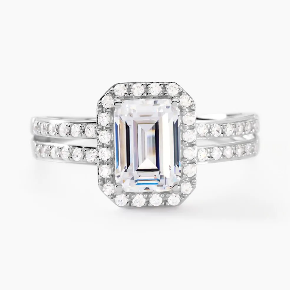 Bague Solitaire Accompagn啪 Or Blanc Addy Oxyde De Zirconium