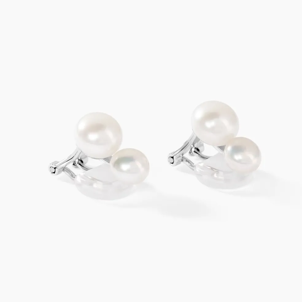 Boucles D'oreilles Clips Argent Blanc Viano Perles Oxydes
