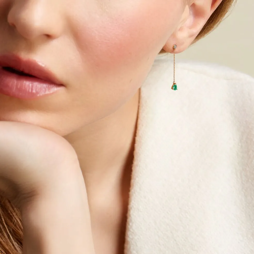 Boucles D'oreilles Pendantes Gracilia Or Jaune Emeraude Diamant
