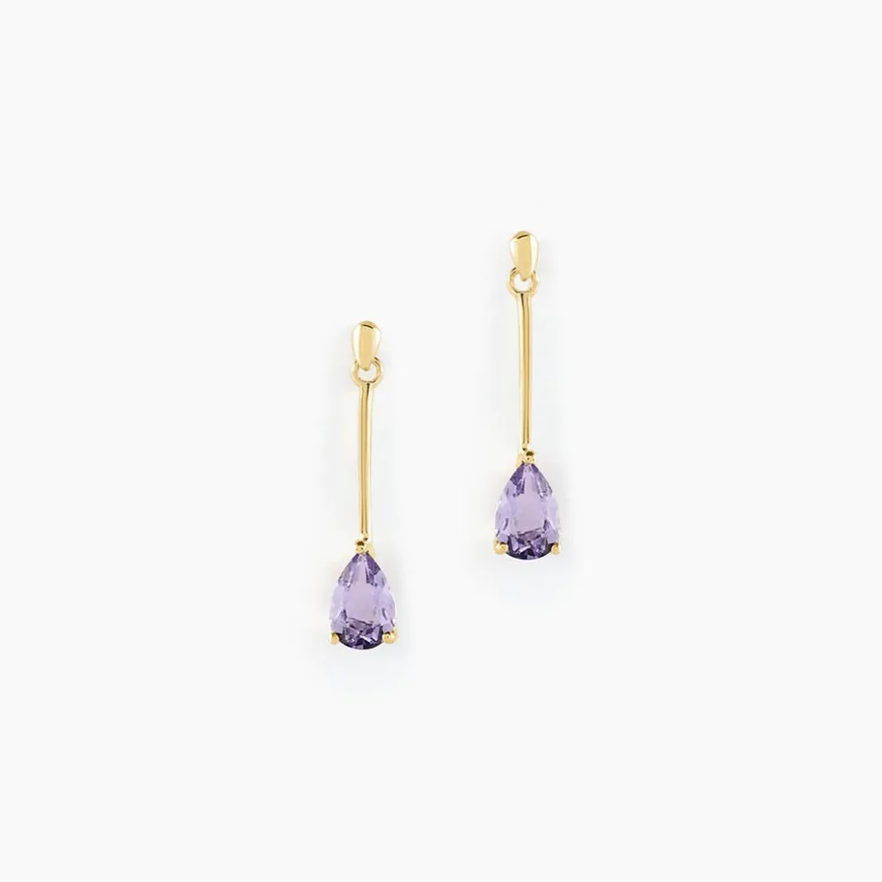 Boucles D'oreilles Pendantes Goutte Or Jaune Amethyste