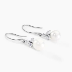 Boucles D'oreilles Pendantes Taissia Or Blanc Perle Culture Et Oxyde