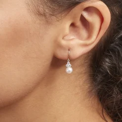 Boucles D'oreilles Pendantes Taissia Or Blanc Perle Culture Et Oxyde