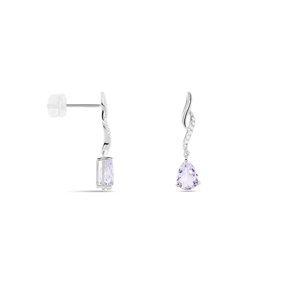 Boucles D'oreilles Pendantes Assaf Or Blanc Amethyste Et Oxyde