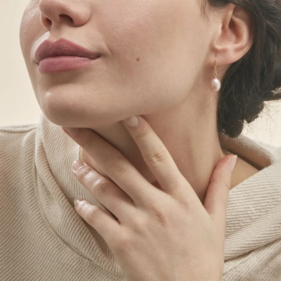 Boucles D'oreilles Pendantes Rose Or Jaune Perle De Culture