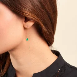 Boucles D'oreilles Pendantes Caron Or Jaune Malachite