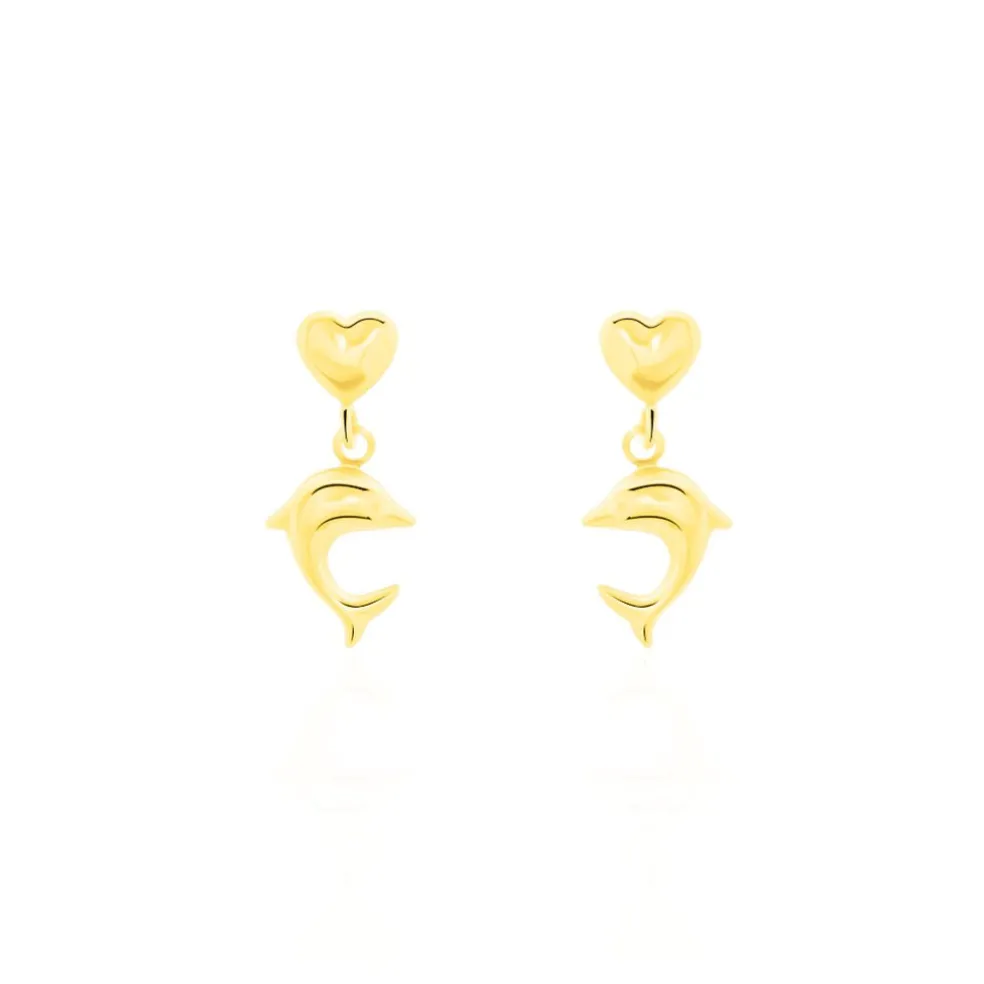 Boucles D'oreilles Pendantes Fulvie Coeurs Et Dauphin Or Jaune