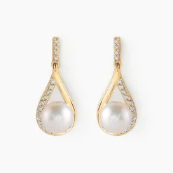 Boucles D'oreilles Pendantes Helin Or Jaune Perle De Culture Et Oxyde