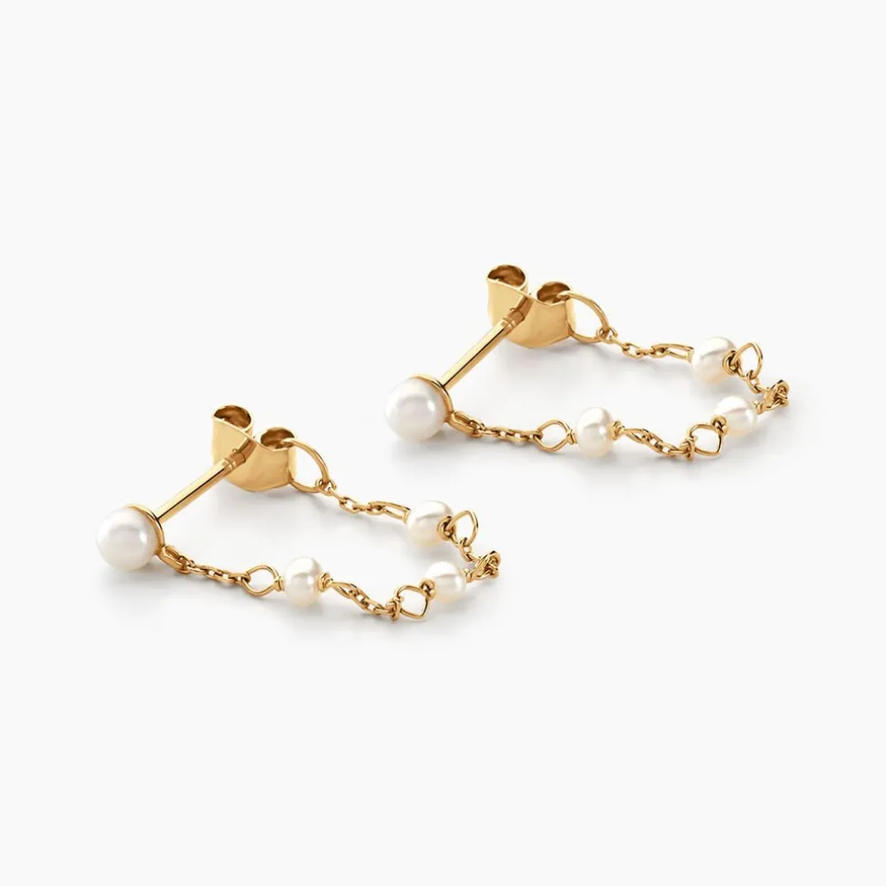 Boucles D'oreilles Pendantes Or Jaune Tiny Pearls Perle