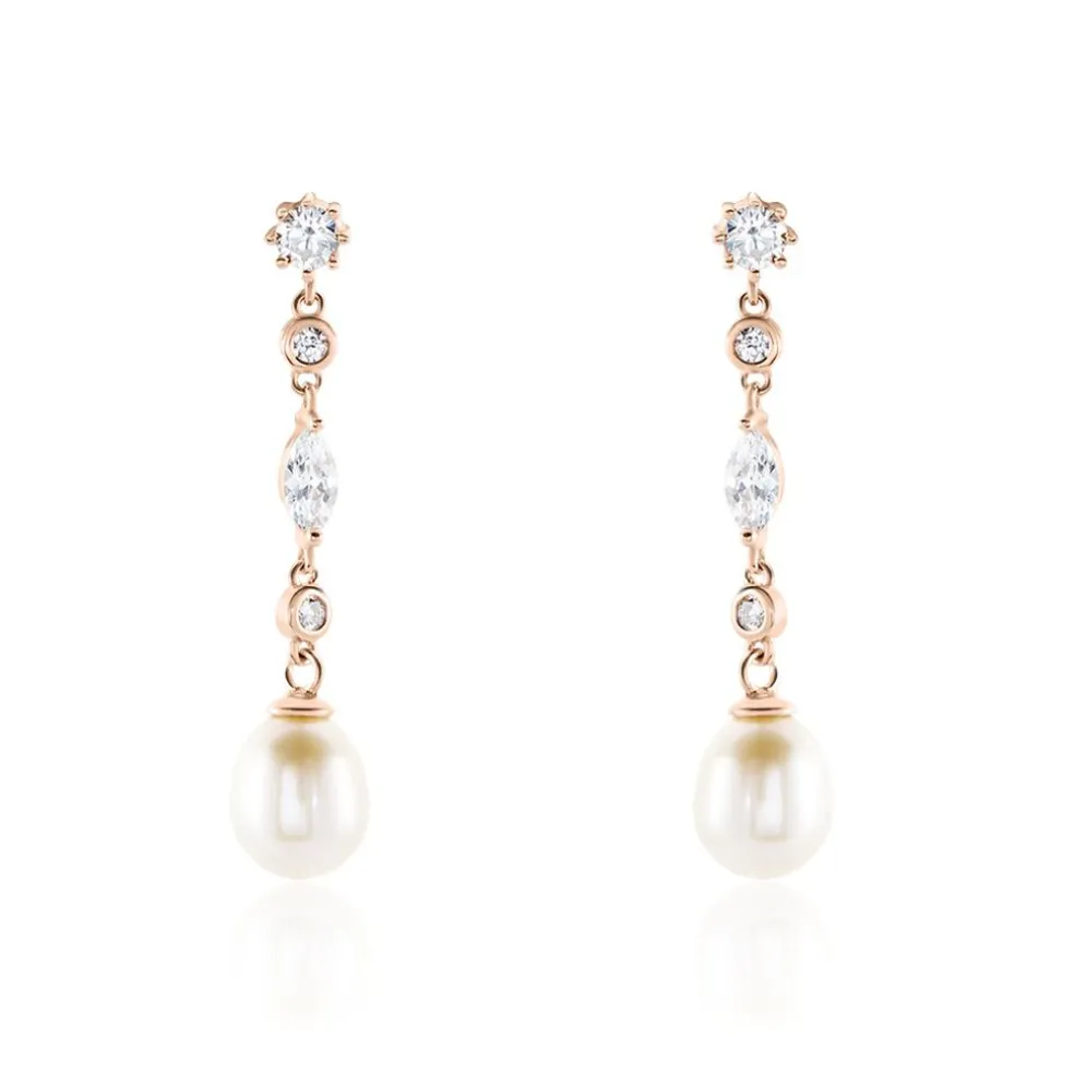 Boucles D'oreilles Pendantes Lynes Argent Rose Perle De Culture