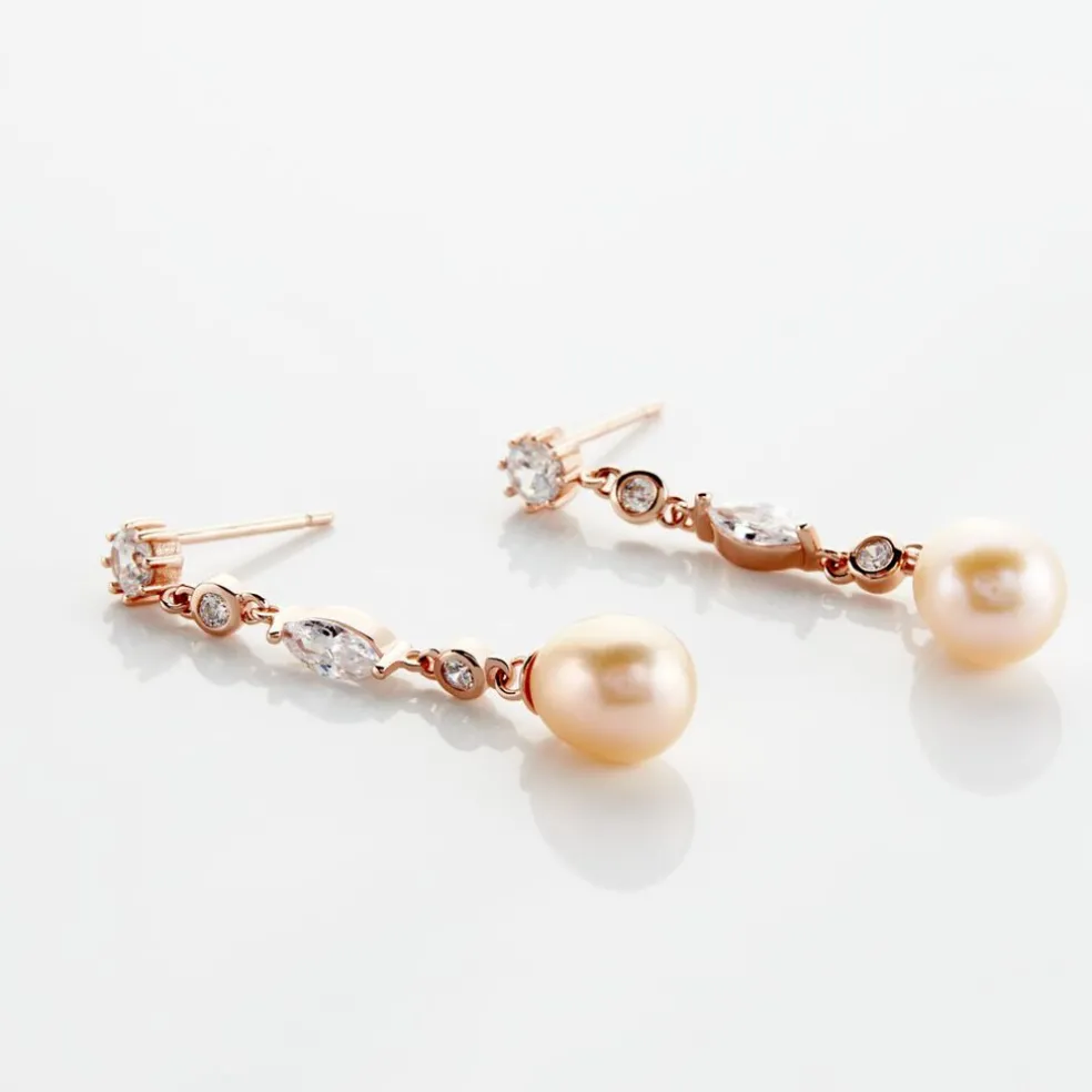Boucles D'oreilles Pendantes Lynes Argent Rose Perle De Culture