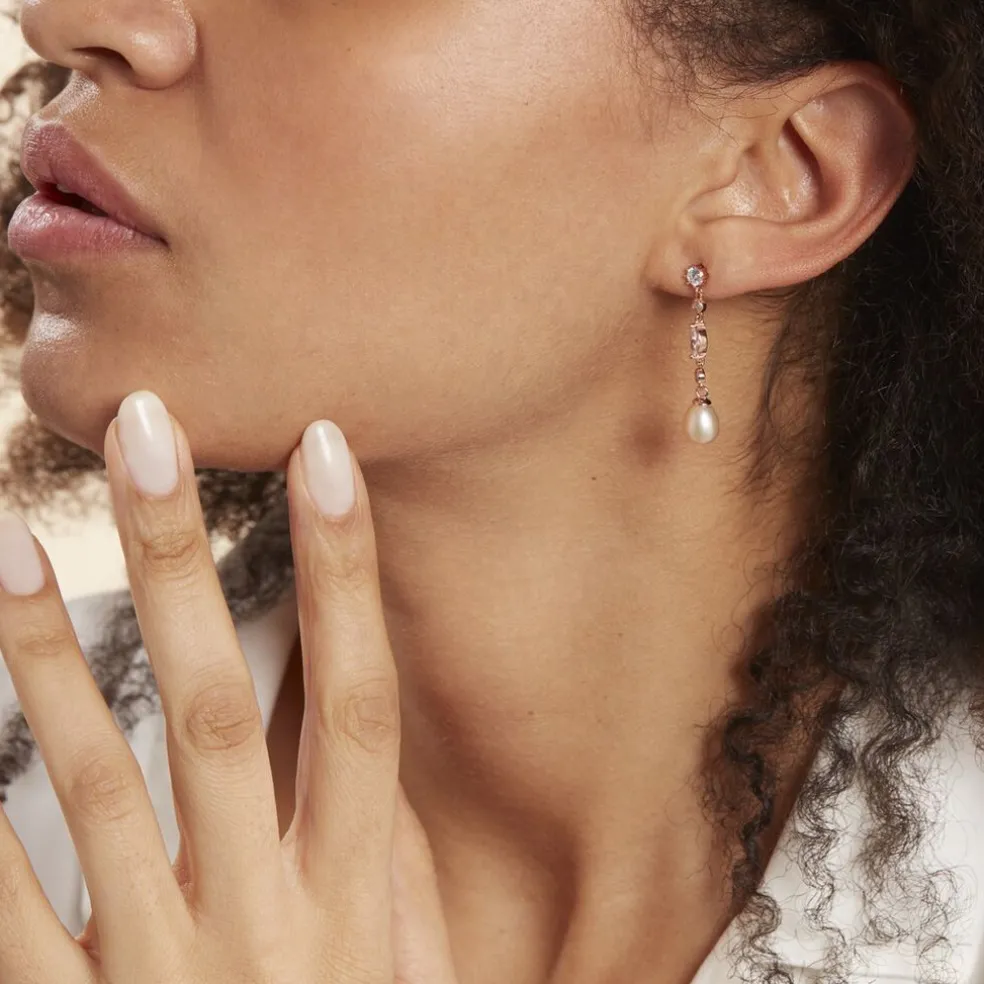 Boucles D'oreilles Pendantes Lynes Argent Rose Perle De Culture