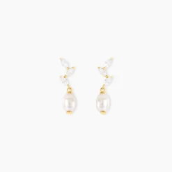 Boucles D'Oreilles Pendantes Nacrée Or Jaune Perle De Culture Oxyde De Zirconium