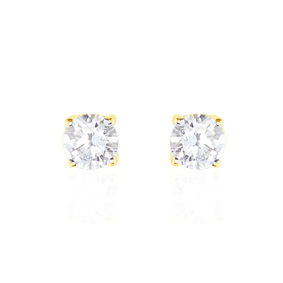 Boucles D'oreilles Puces 4 Griffes Or Jaune Diamant Synthetique