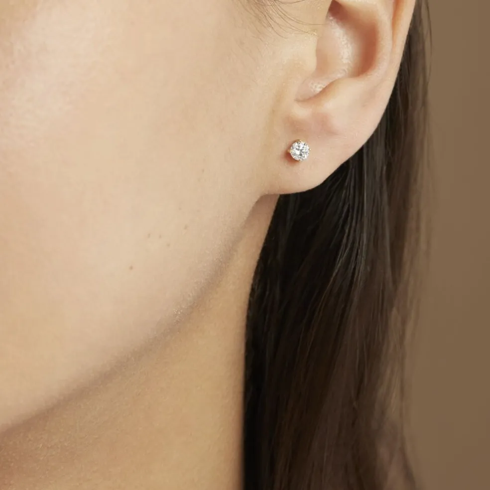 Boucles D'oreilles Puces 4 Griffes Or Jaune Diamant Synthetique
