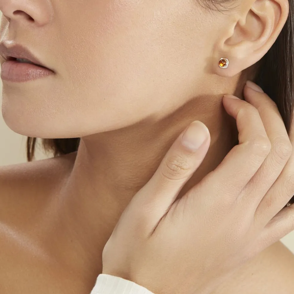 Boucles D'oreilles Puces Argent Blanc Joude Ambre