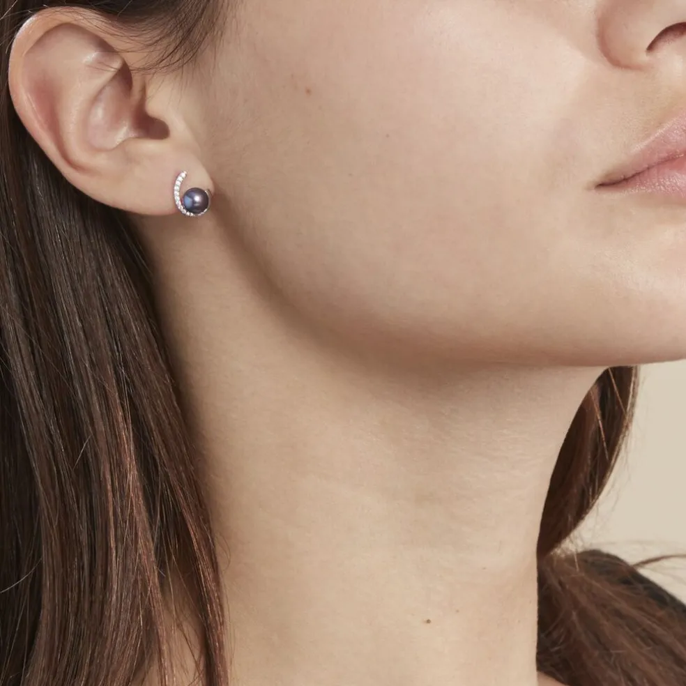 Boucles D'oreilles Puces Anais Or Blanc Perle De Culture Et Oxyde