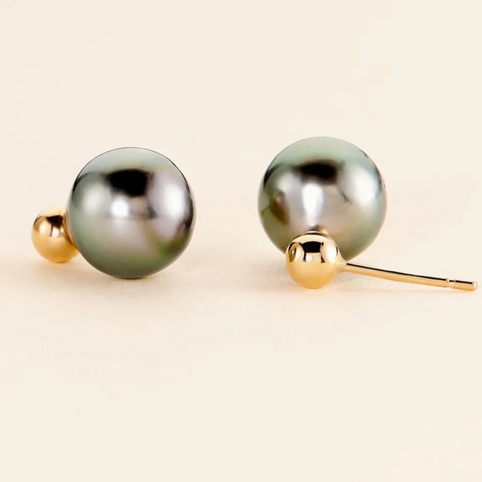 Boucles D'oreilles Puces Baroque Or Jaune Perle De Culture De Tahiti