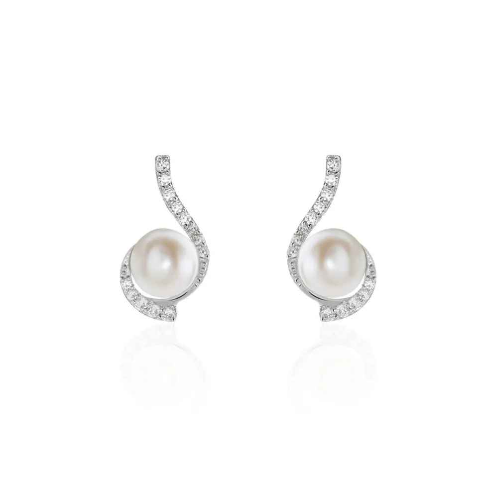 Boucles D'oreilles Puces Cassiopea Or Blanc Oxyde Et Perle De Culture