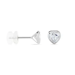 Boucles D'oreilles Puces Coeur Serti Clos Or Blanc Oxyde De Zirconium