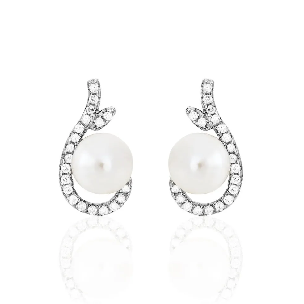 Boucles D'oreilles Puces Cyrana Argent Blanc Perle De Culture Et Oxyde