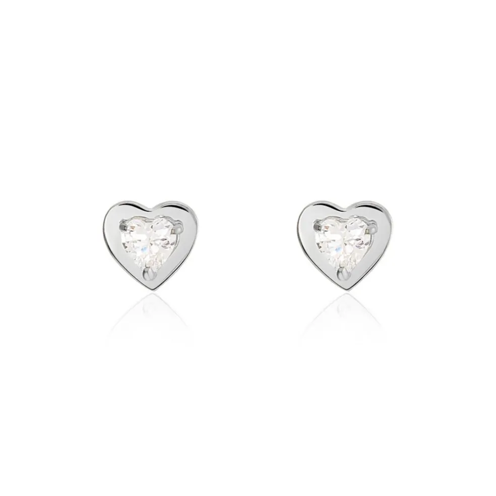 Boucles D'oreilles Puces Daria Coeur Plein Or Blanc Oxyde De Zirconium
