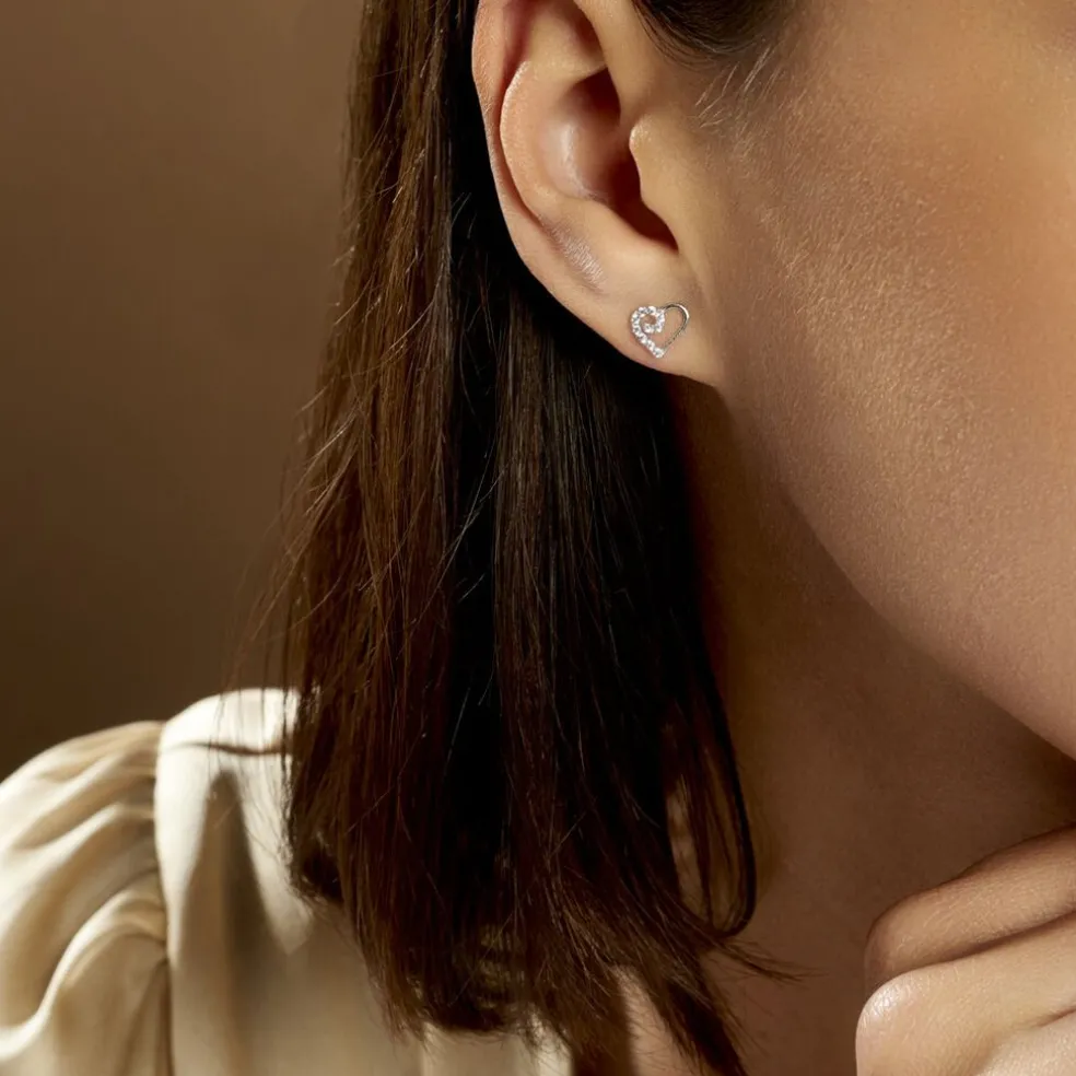 Boucles D'oreilles Puces Daria C艙ur Or Blanc Oxyde De Zirconium