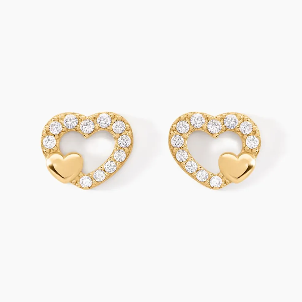 Boucles D'oreilles Puces Daria Double Coeurs Or Jaune Oxyde