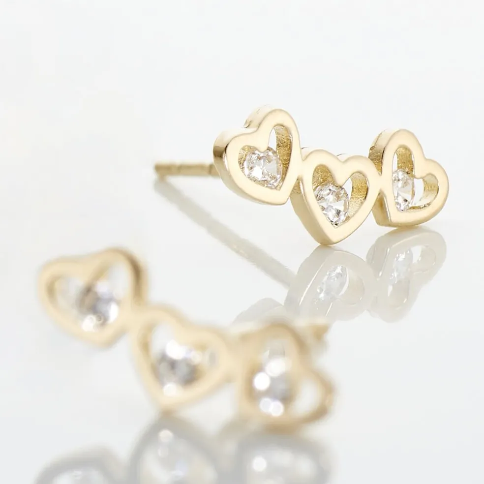Boucles D'oreilles Puces Daria Coeur Triple Or Jaune Oxyde