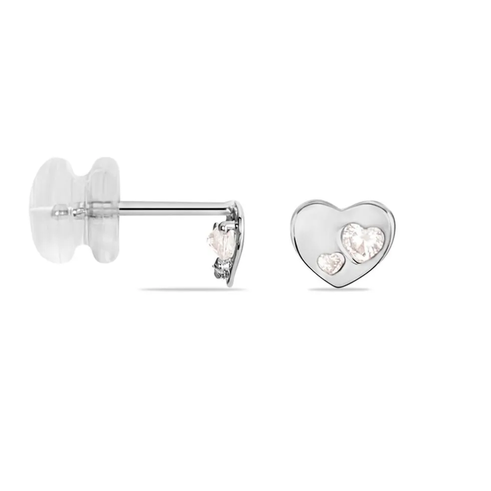 Boucles D'oreilles Puces Daria Coeur Plein Or Blanc Oxyde De Zirconium