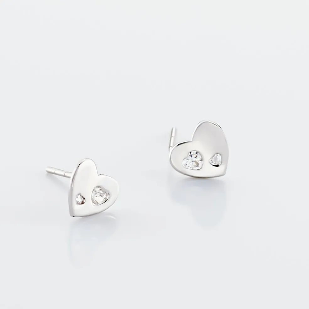 Boucles D'oreilles Puces Daria Coeur Plein Or Blanc Oxyde De Zirconium