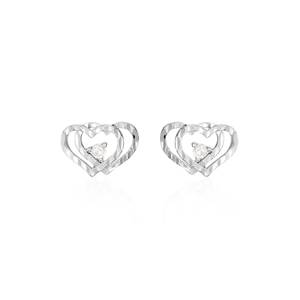 Boucles D'oreilles Puces Daria Double Coeurs Or Blanc Oxyde