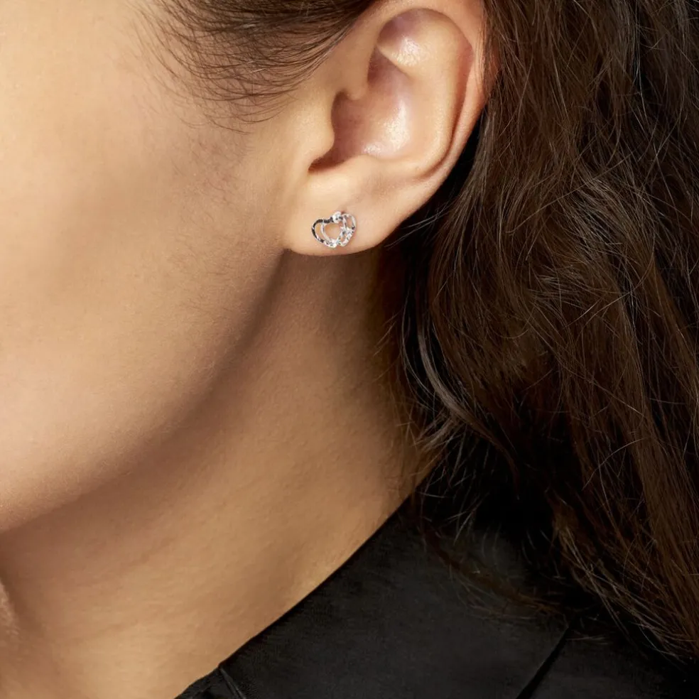 Boucles D'oreilles Puces Daria Double Coeurs Or Blanc Oxyde