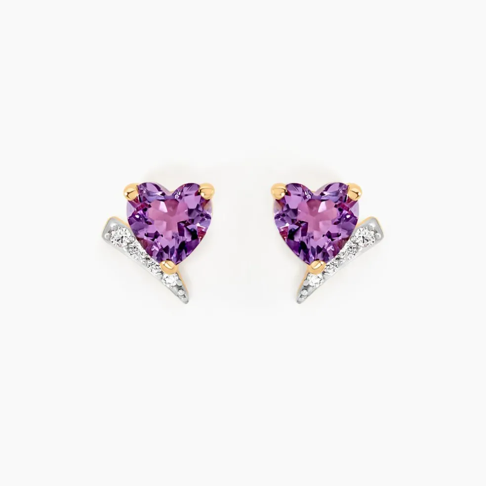 Boucles D'oreilles Puces Eva Or Jaune Amethyste Et Oxyde De Zirconium