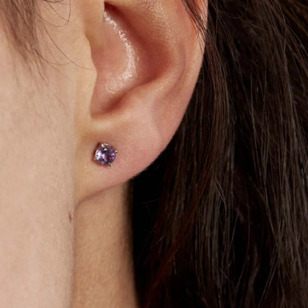 Boucles D'oreilles Puces Elea Serti Griffes 3 Or Blanc Amethyste